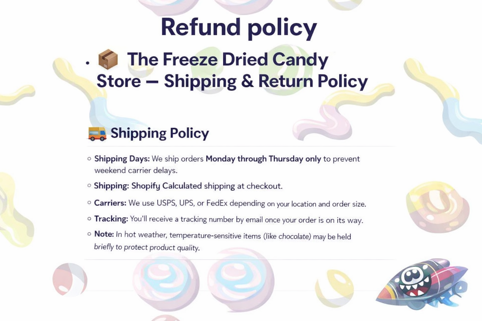 Refund policy and shipping return policy for The Freeze Dried Candy Store with colorful candy illustrations.