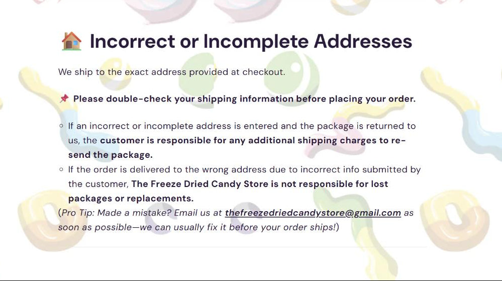 Notification about incorrect or incomplete addresses with colorful bubbles on a white background